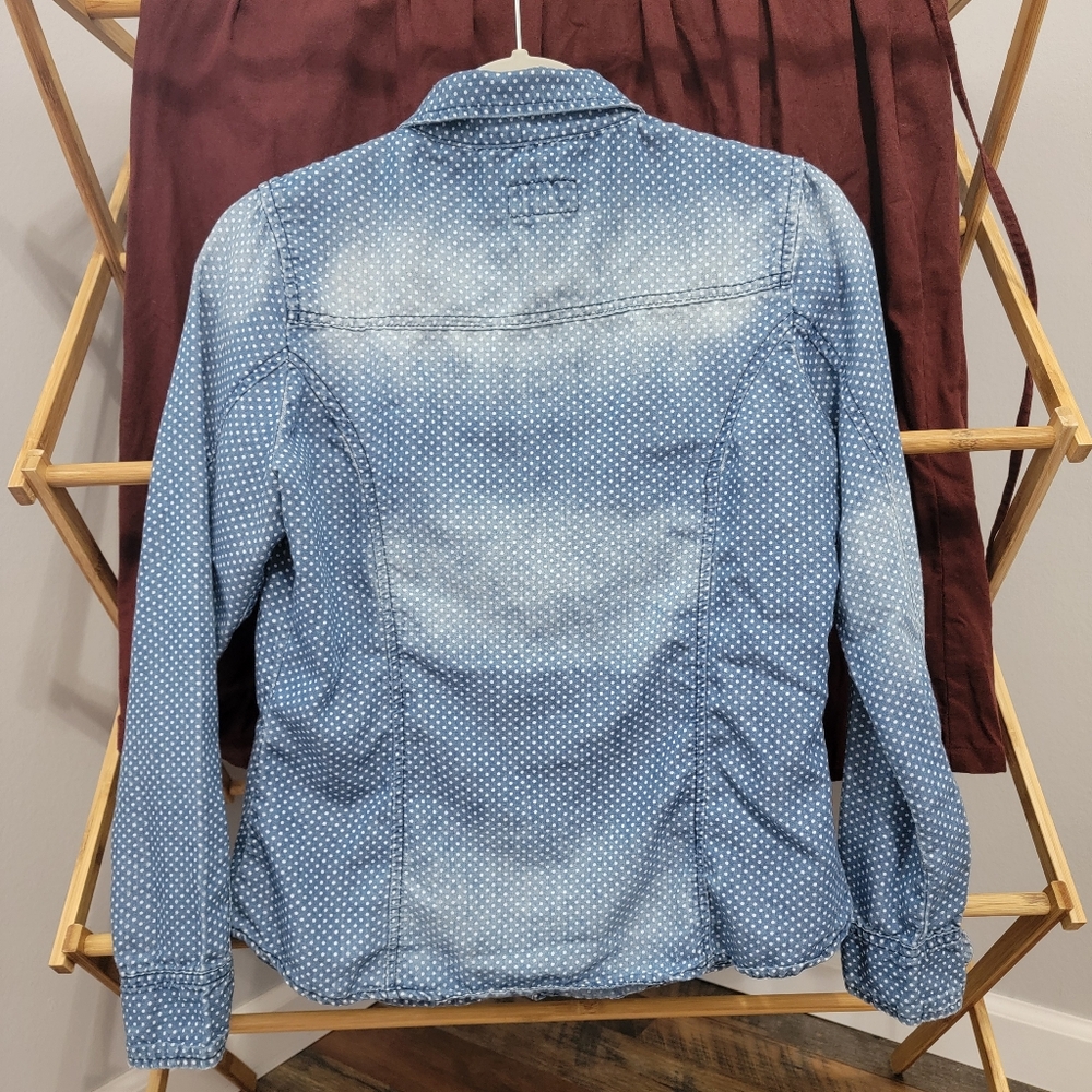 Distressed Preppy Polka Dot Denim Button-up Shirt - Picture 4 of 7
